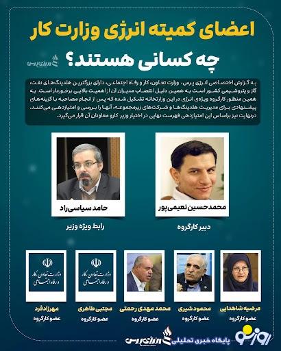 اعضای کمیته انرژی وزارت کار چه کسانی هستند؟ +اینفوگرافیک اعضای کمیته انرژی وزارت کار چه کسانی هستند؟ +اینفوگرافیک