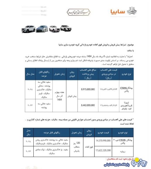 اعلام شرایط فروش خودرو‌های وارداتی سایپا